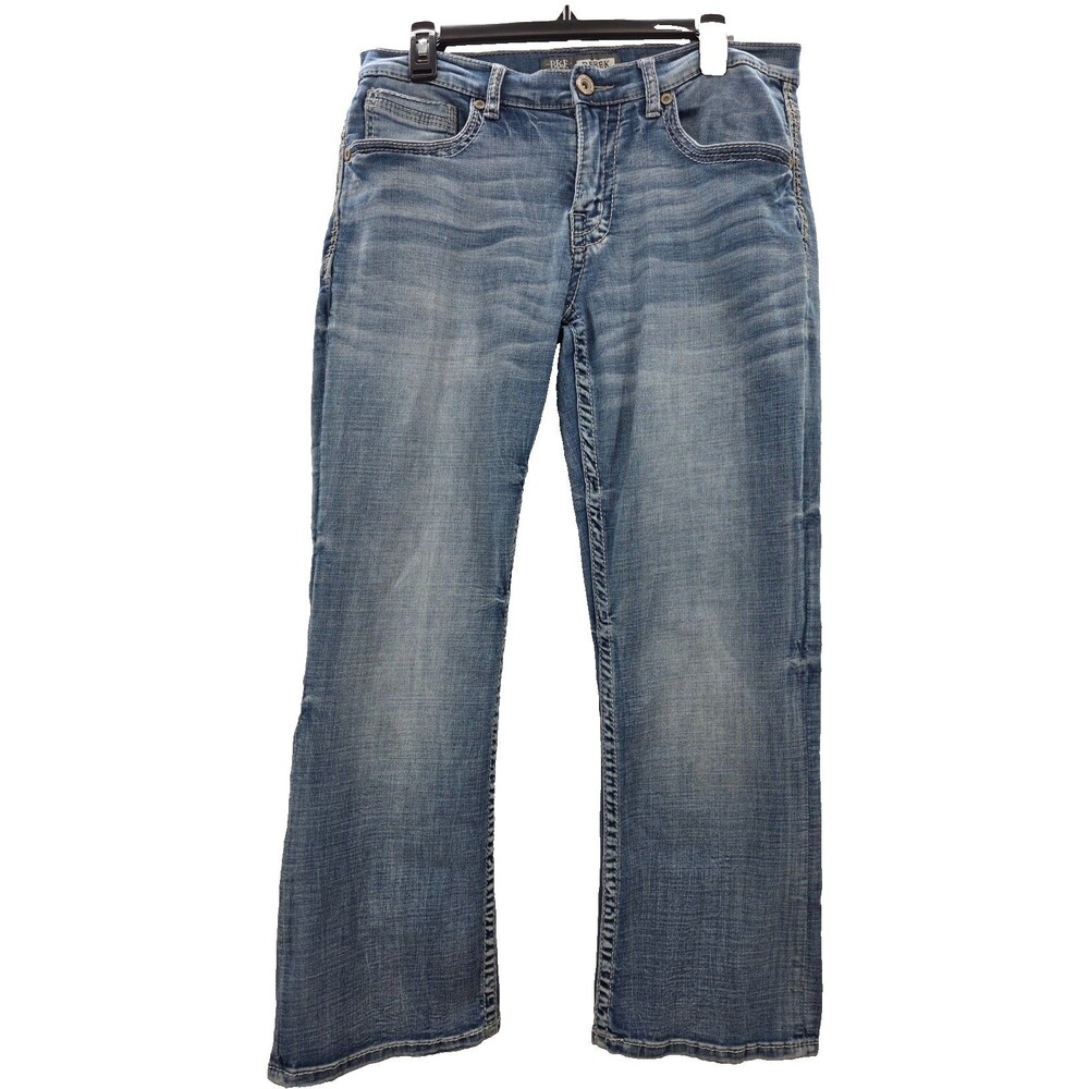 BKE Buckle Jeans Mens  Blue Derek Bootleg Med Denim Pants Faded Embroidery 32x29